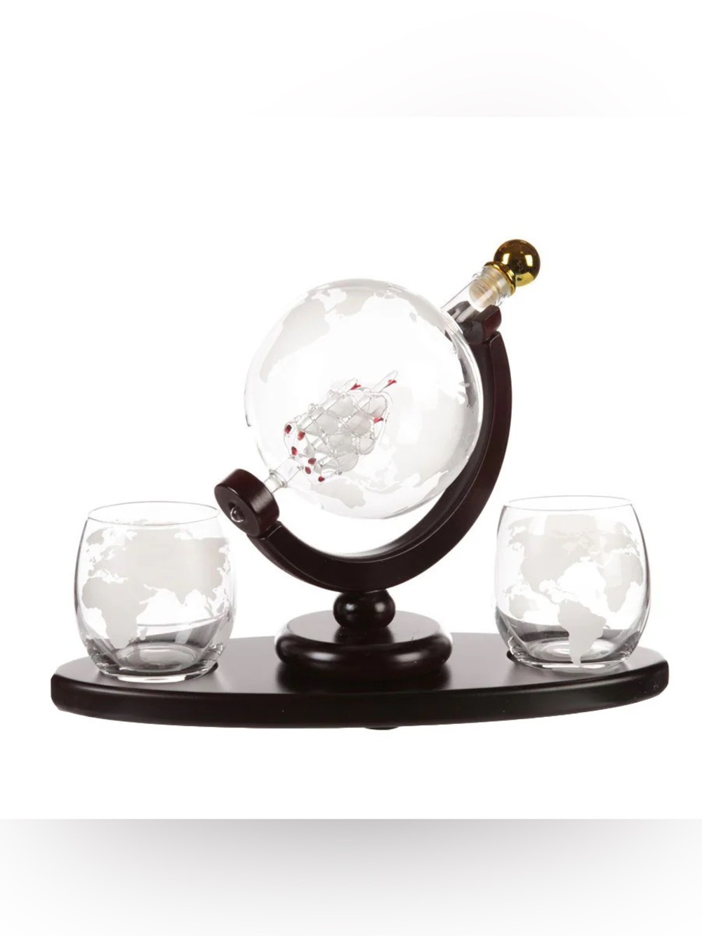 Godinger Clear Globe Decanter Set with Dark Brown Stand and Gold Stopper